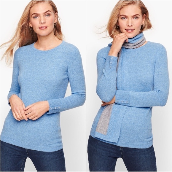 Talbots Sweater 100% Cashmere Button Cuff Crew Neck Long Sleeve Blue L - Picture 1 of 11